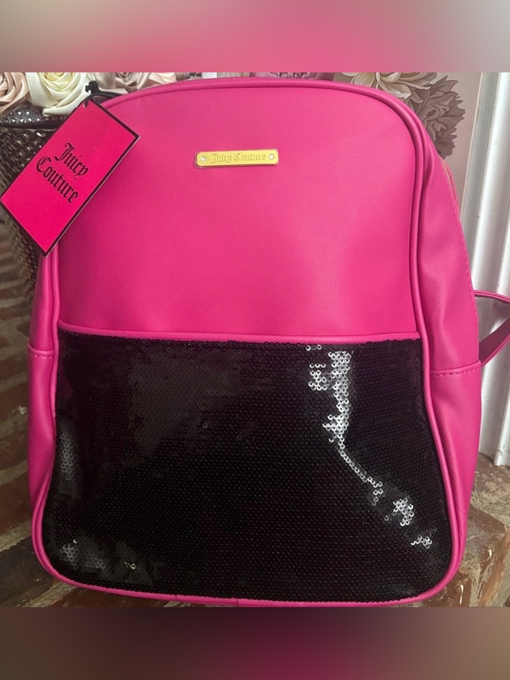 Juicy Couture Hot Pink Backpack with Black Sequin Pocket